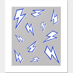 Sketchy Blue and White Lightning Bolts on Grey Posters and Art